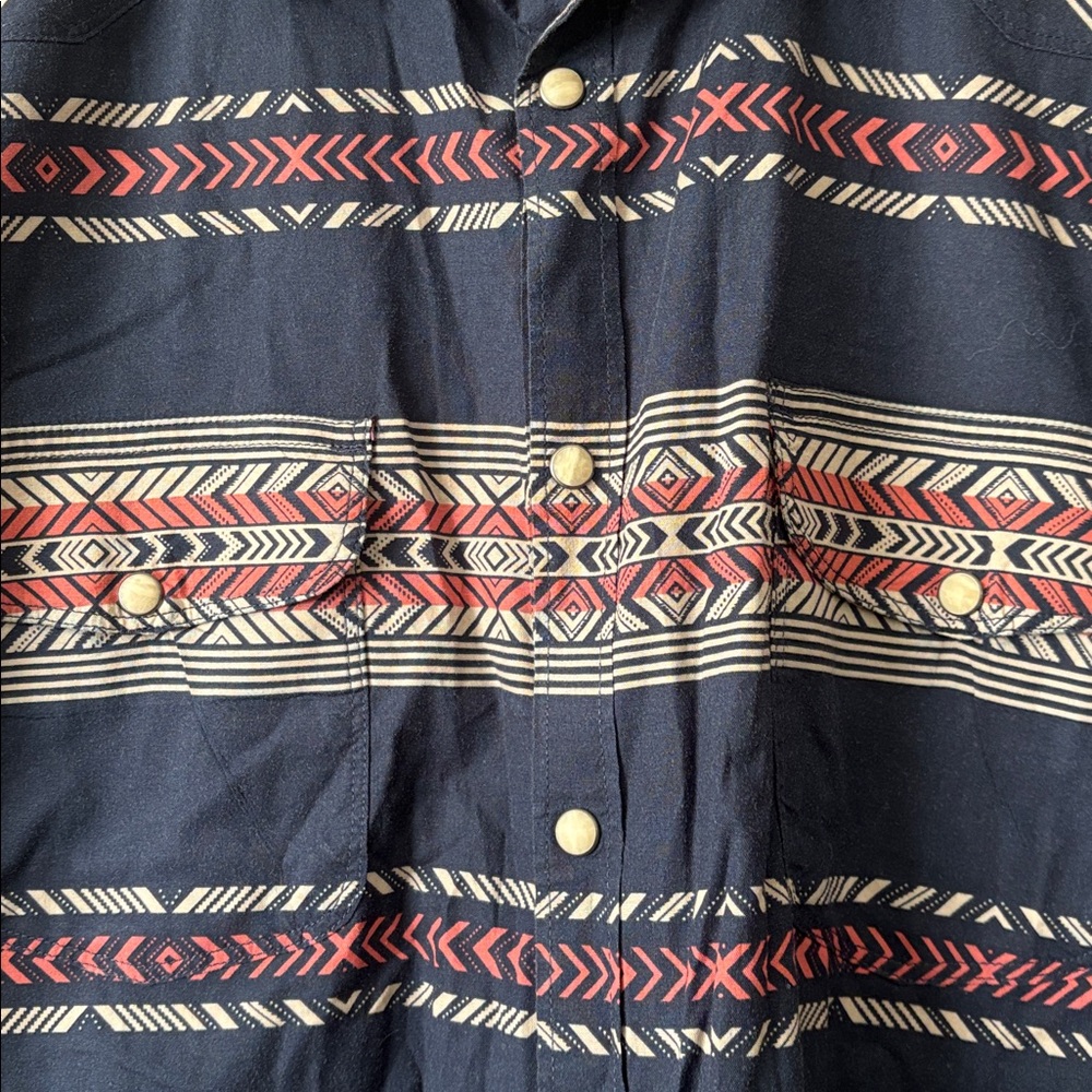 Lucky Brand Short Sleeve Button Up Shirt Navy Western Aztec Snap Closure Sz XL - Picture 4 of 7
